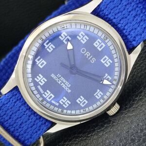 Vintage 1994 Oris Manual Mens Silver Watch W/Nato Strap & Blue accents